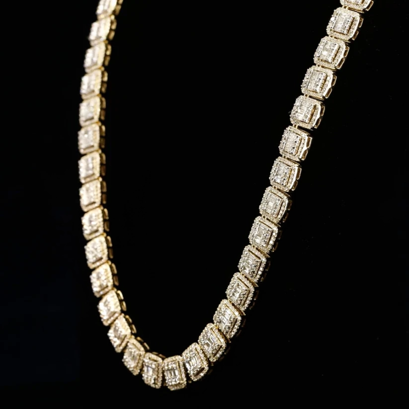 Close-up of a men's iced-out diamond chain showcasing intricate square cluster links