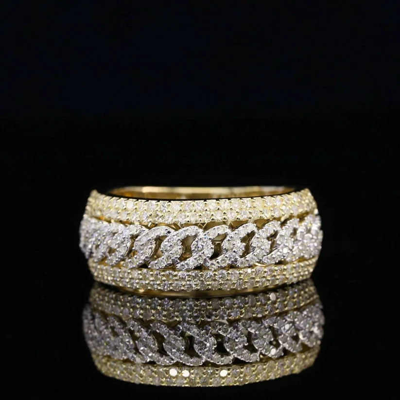 Men's gold Cuban link ring iced out with round diamond pavé bands