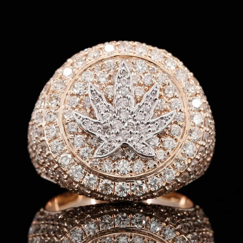 Men's iced out cannabis leaf signet ring in sterling silver