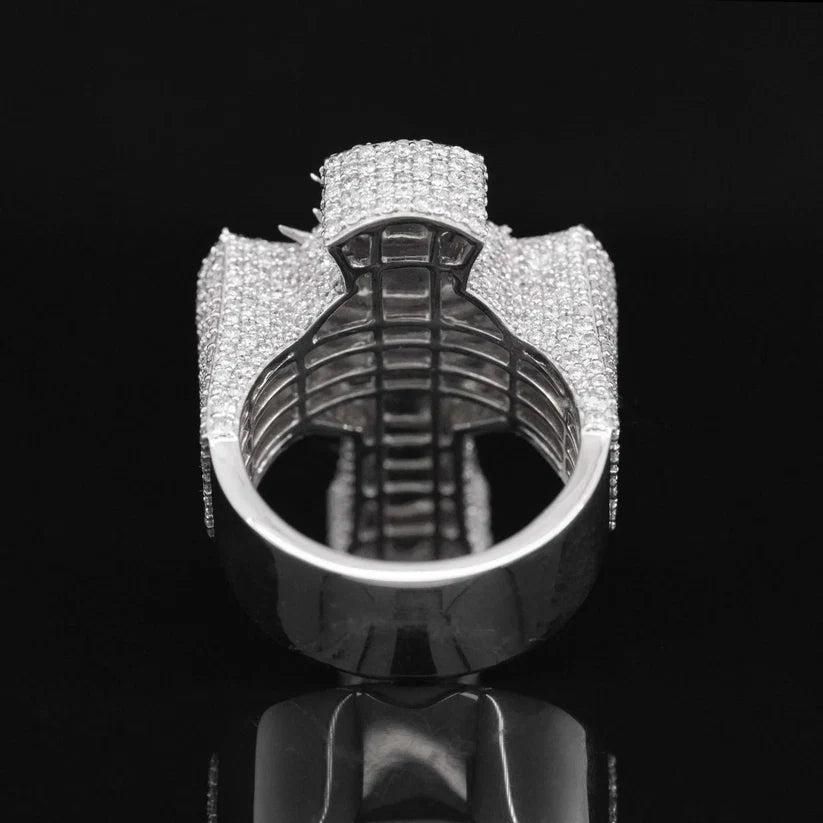 Back view of a custom diamond hip hop pinky ring in white gold showing premium craftsmanship and inner cage details