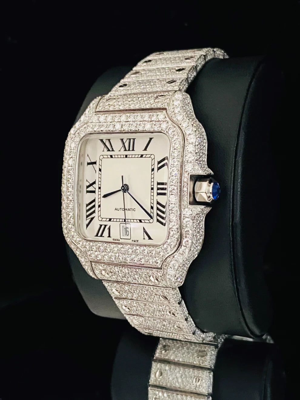 Roman Number Fully Ice Out Moissanite Watch for Men's