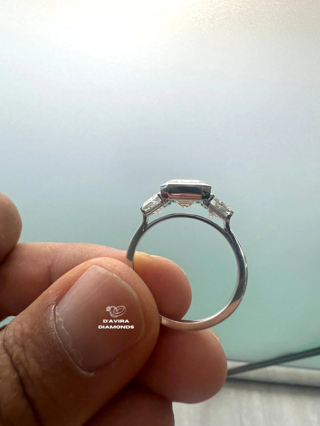 Three Stone Radiant Cut Half Bezel Set Diamond Ring