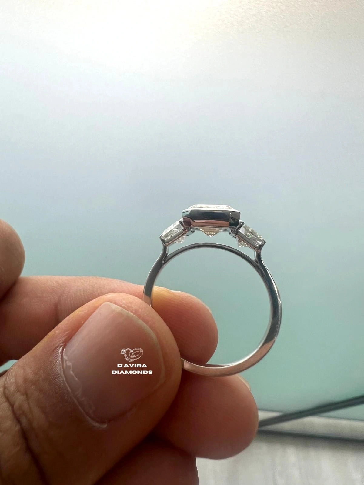 Three Stone Radiant Cut Half Bezel Set Diamond Ring