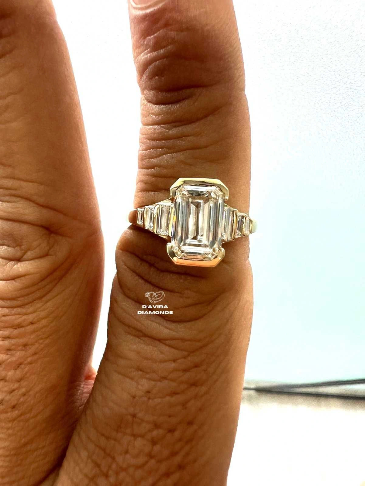 Half Bezel Set Emerald Cut Lab Engagement Ring
