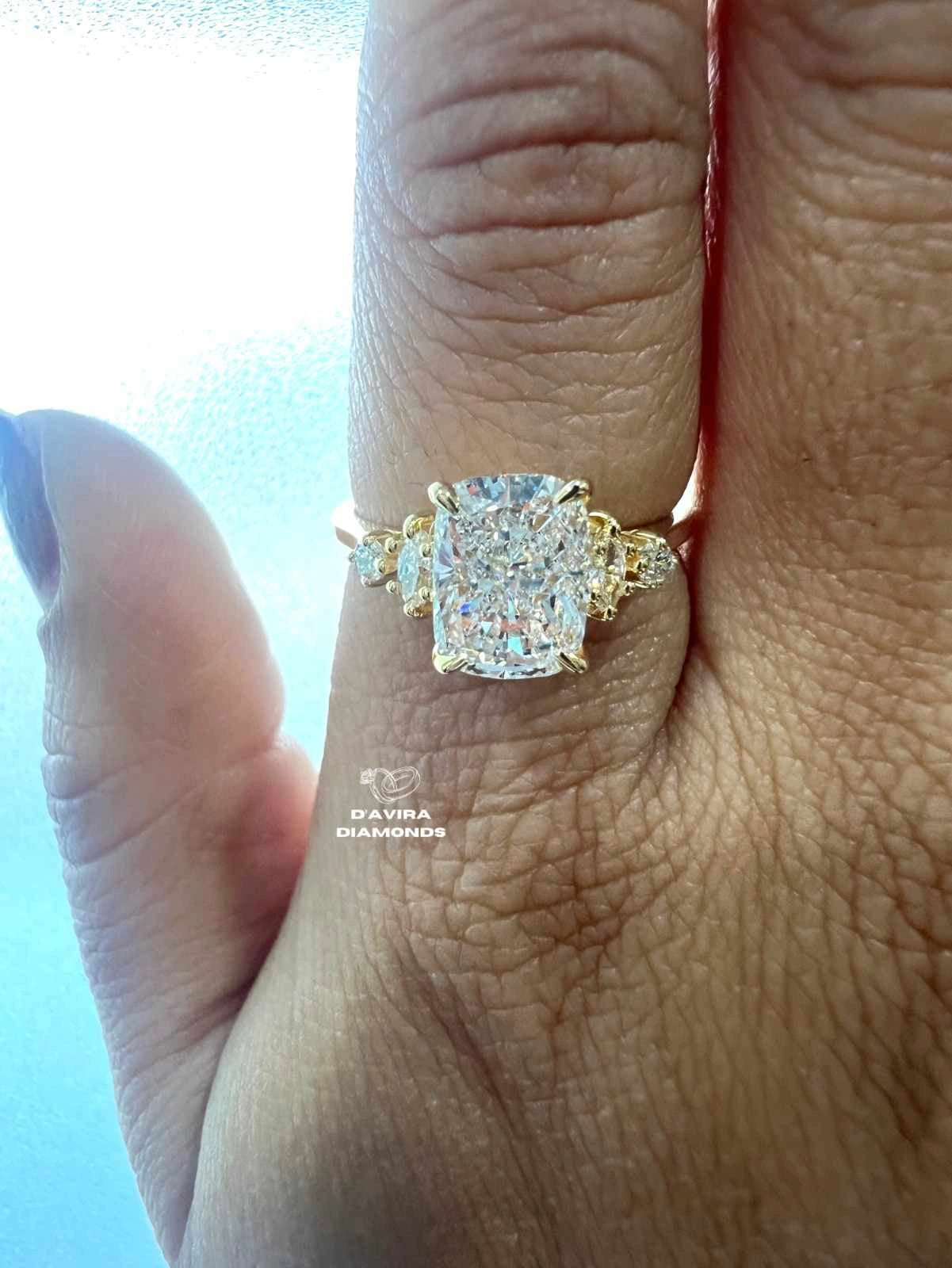 Elongated Cushion Cut Lab Diamond Cluster Yellow Gold Ring