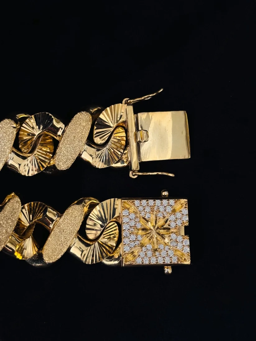 Custom gold plated textured Cuban link bracelets with diamond clasp