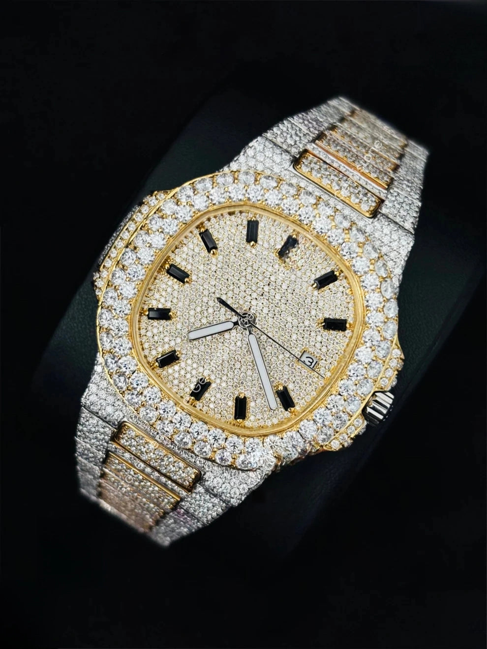 Two Tone Black Baguette Hour Mark Moissanite Watch