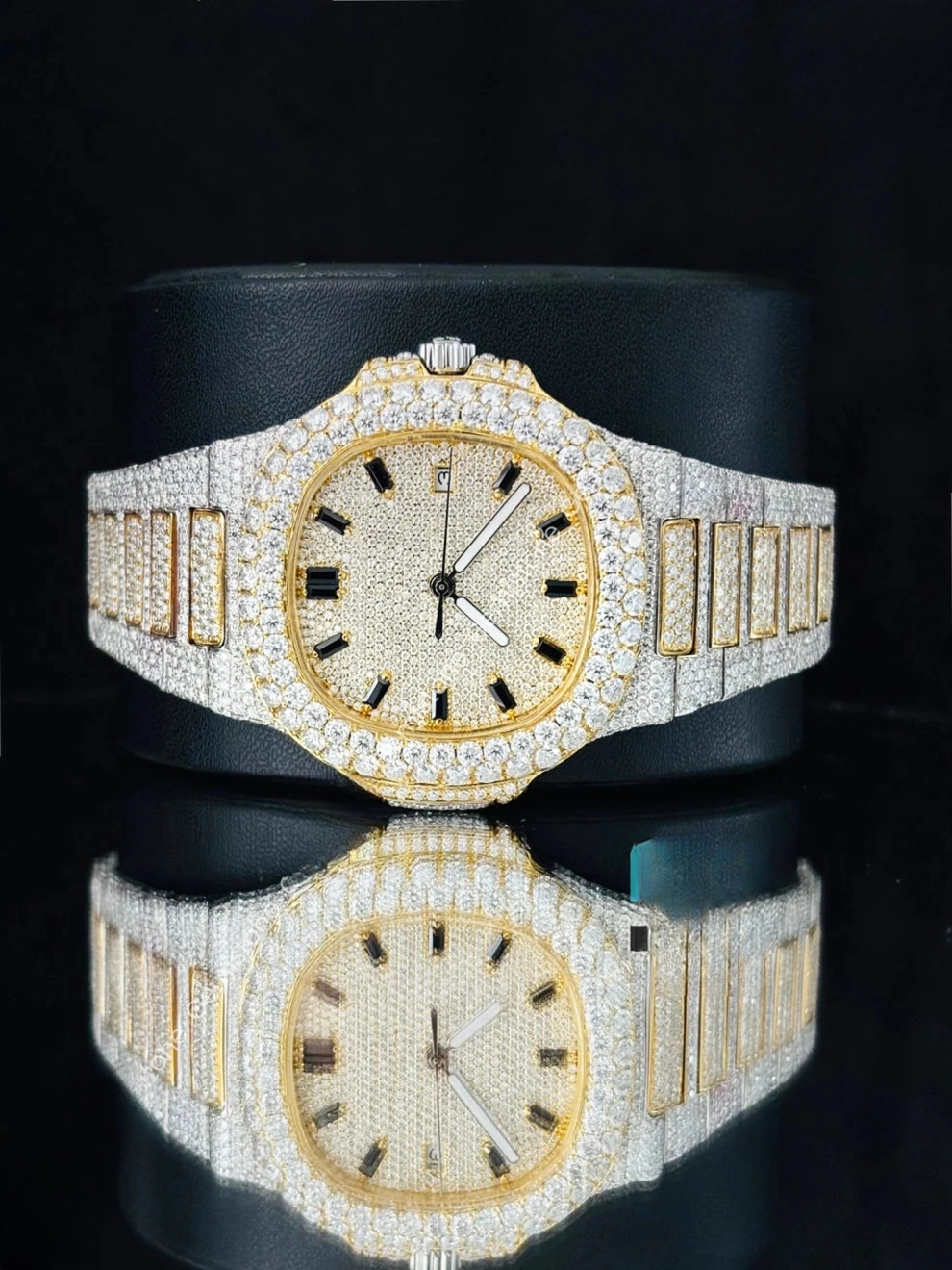 Two Tone Black Baguette Hour Mark Moissanite Watch