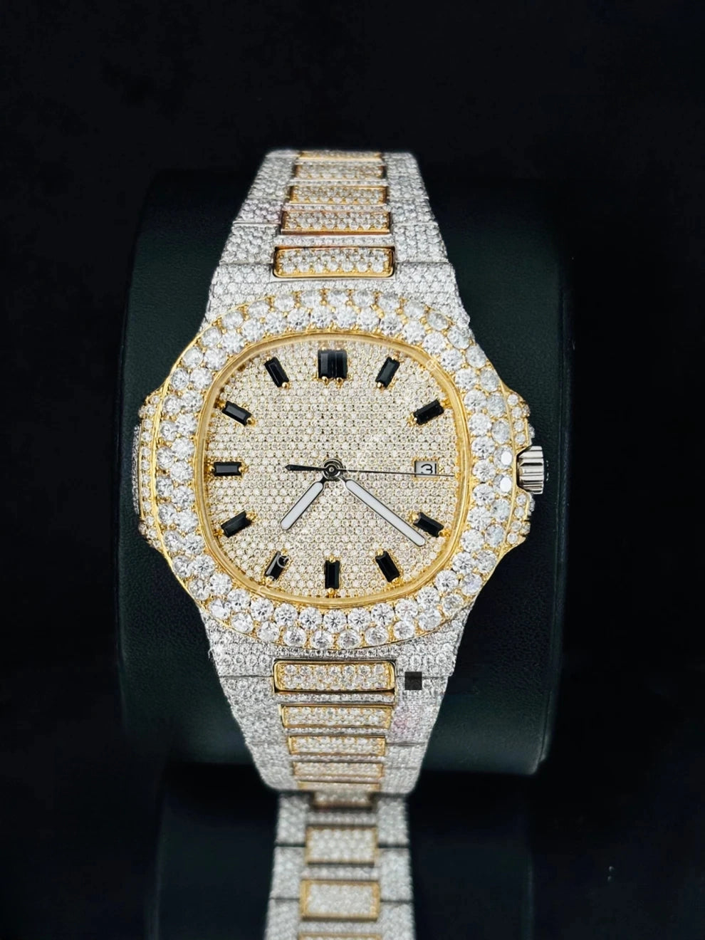 Two Tone Black Baguette Hour Mark Moissanite Watch