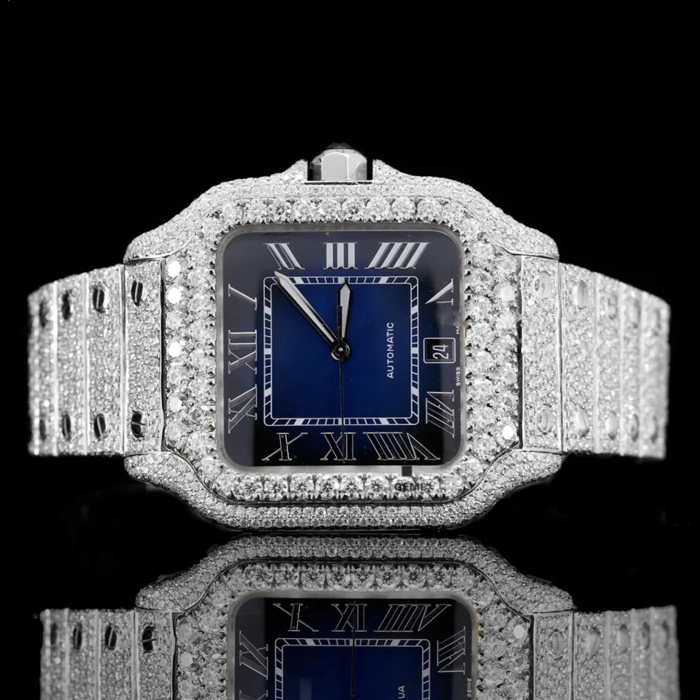 Trendy Royal Blue Dial Moissanite Diamond Studded Watch
