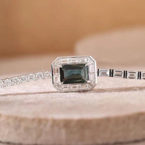7.75 TWC Emerald Cut Green Stone Lab Grown Diamond Halo Bracelet in White Gold Baguette Diamond Tennis Bracelet