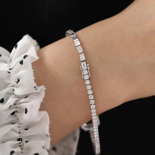 7.75 TWC Emerald Cut Green Stone Lab Grown Diamond Halo Bracelet in White Gold Baguette Diamond Tennis Bracelet