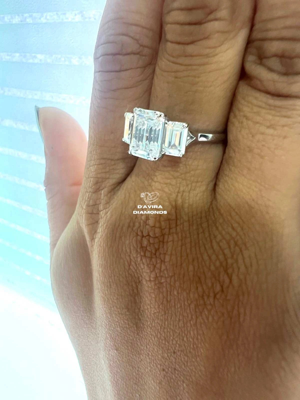 3 Stone Emerald Cut Lab Grown Diamond Ring For Wife