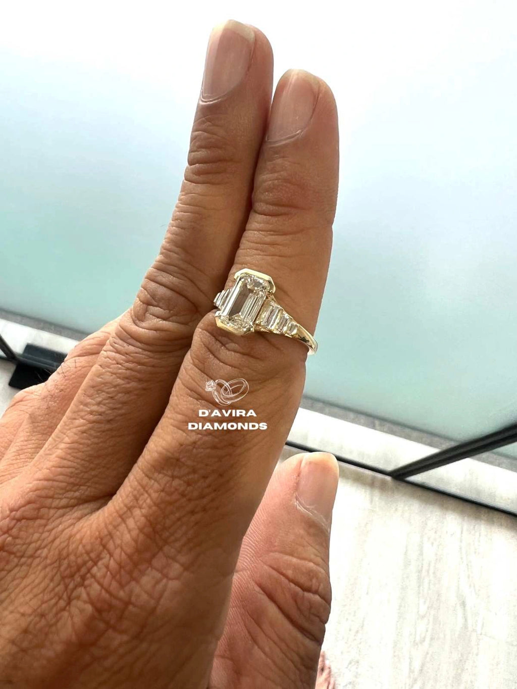 Half Bezel Set Emerald Cut Lab Engagement Ring