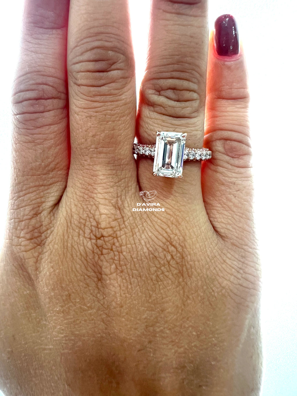 front view of the emerald cut lab diamond ring