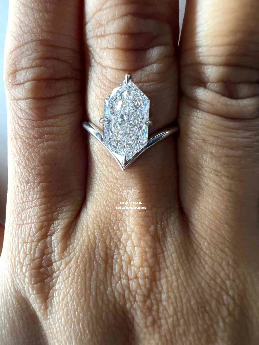V Shape Hexagon Cut Solitaire Diamond Ring
