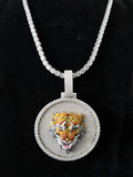 front view Round moissanite diamond tiger head hip-hop pendant necklace for men.