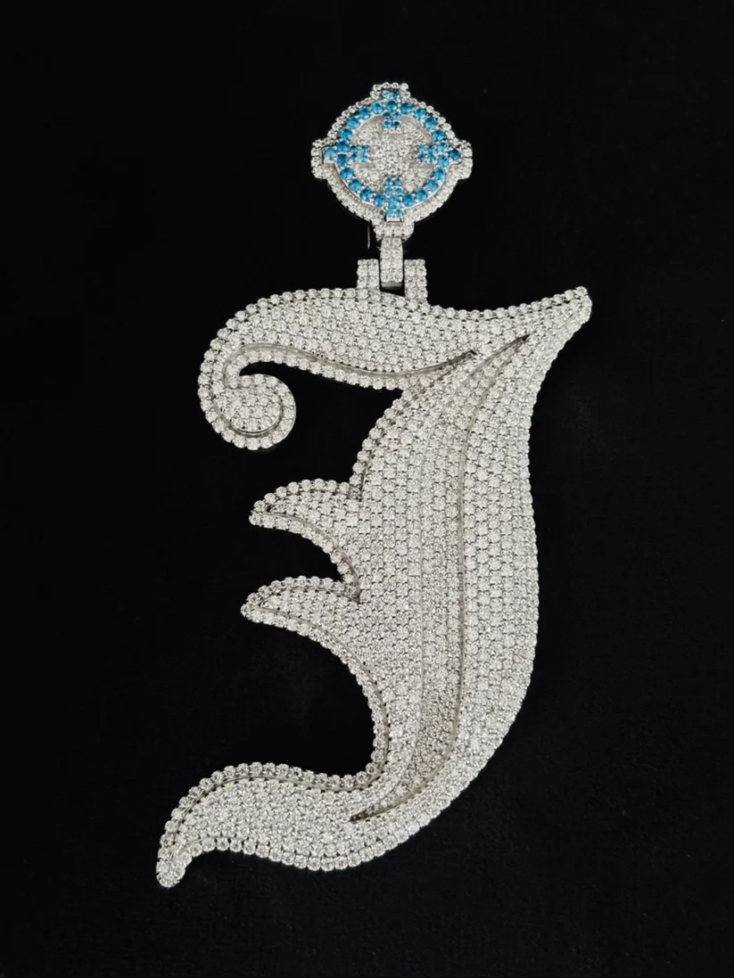 front view Iced out custom diamond letter J pendant in white gold