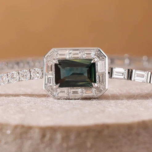 7.75 TWC Emerald Cut Green Stone Lab Grown Diamond Halo Bracelet in White Gold Baguette Diamond Tennis Bracelet
