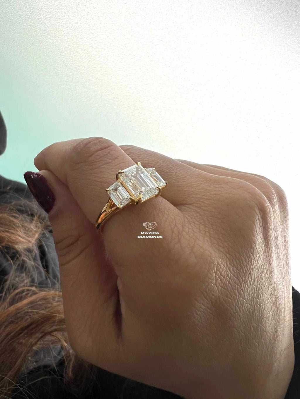 Three Stone Emerald Cut Lab Diamond Engagement Ring