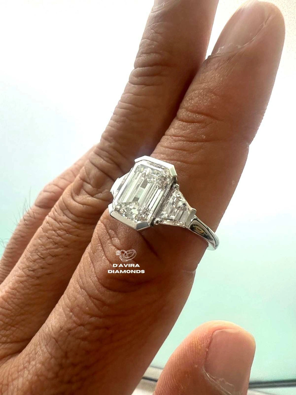 Three Stone Radiant Cut Half Bezel Set Diamond Ring