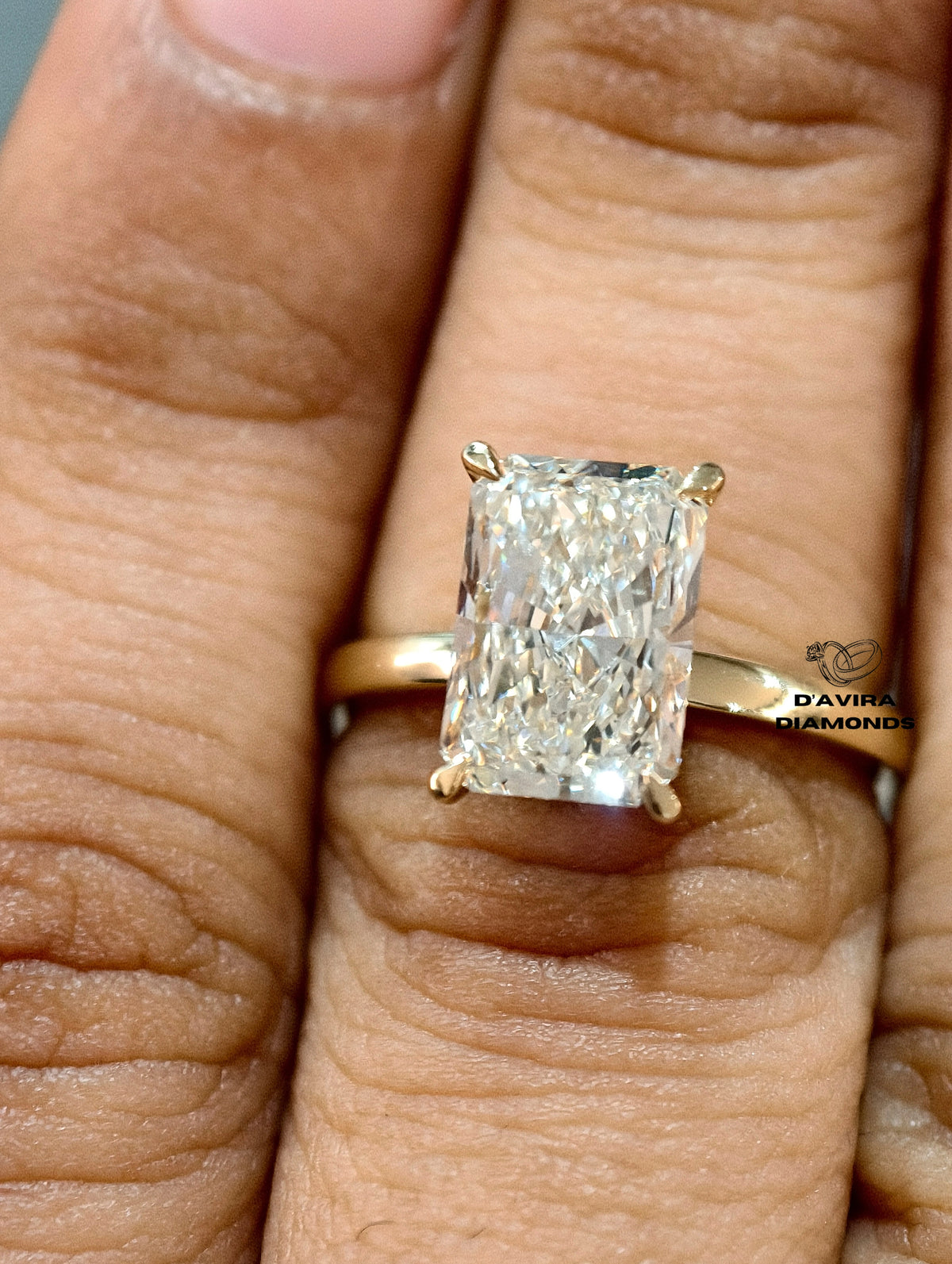 radiant cut lab diamond ring with a classic four-prong set