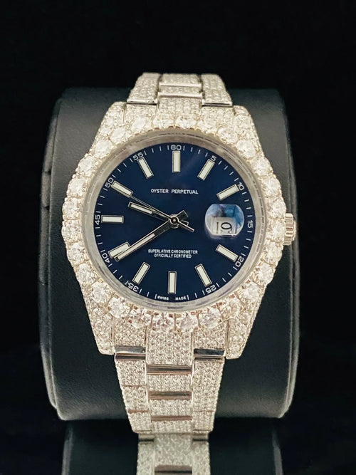 Custom diamond Rolex Oyster Perpetual Date just 41mm luxury watch with blue face