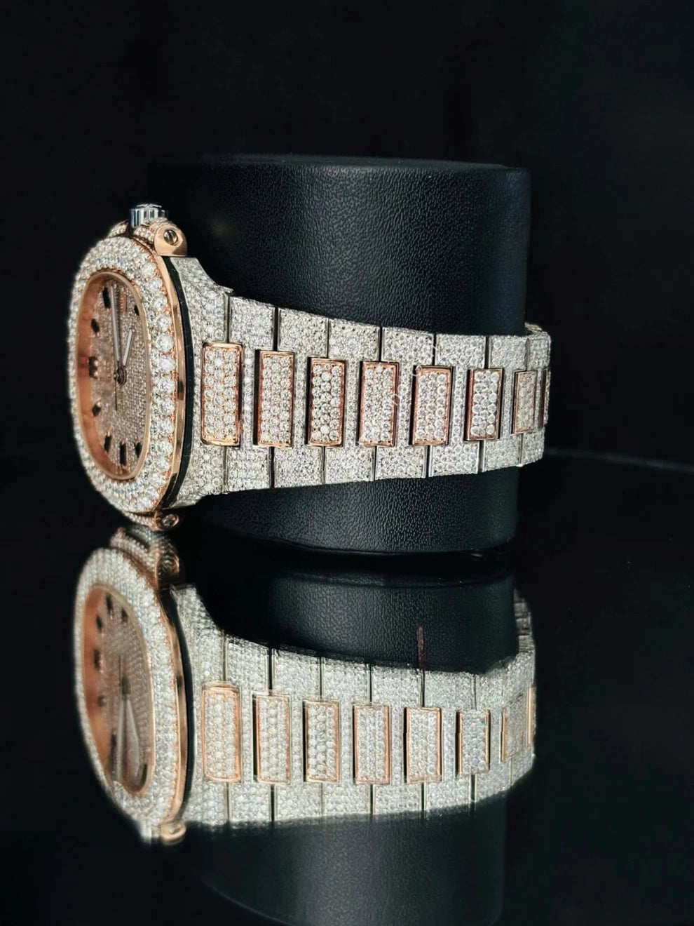 41MM Rose Gold Plated Iced Black Bar Moissanite Watch