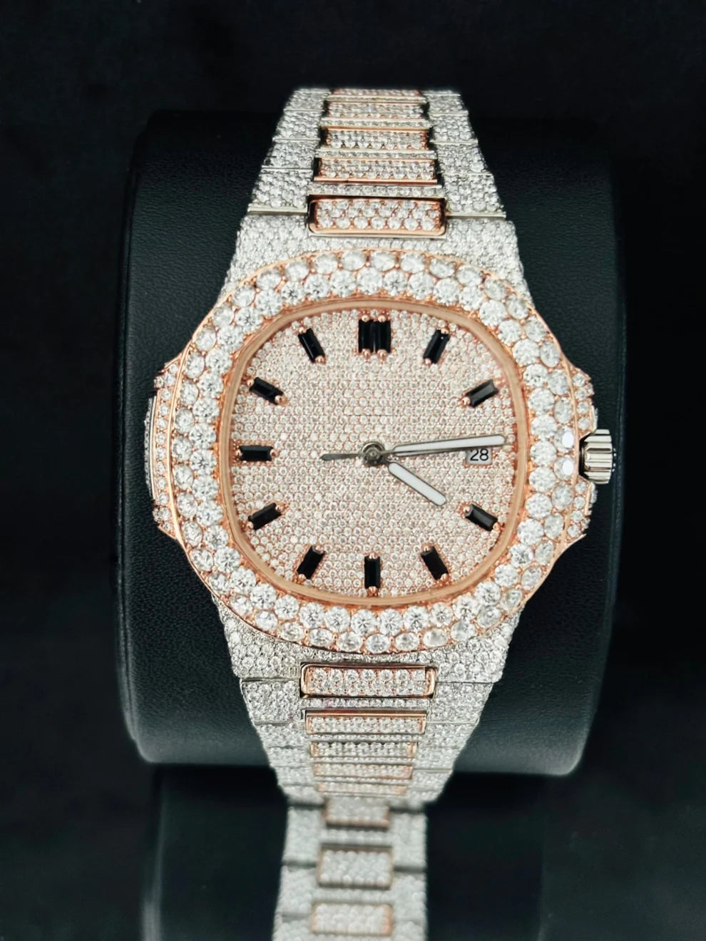 41MM Rose Gold Plated Iced Black Bar Moissanite Watch