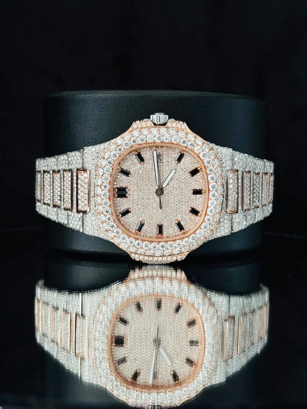 41MM Rose Gold Plated Iced Black Bar Moissanite Watch