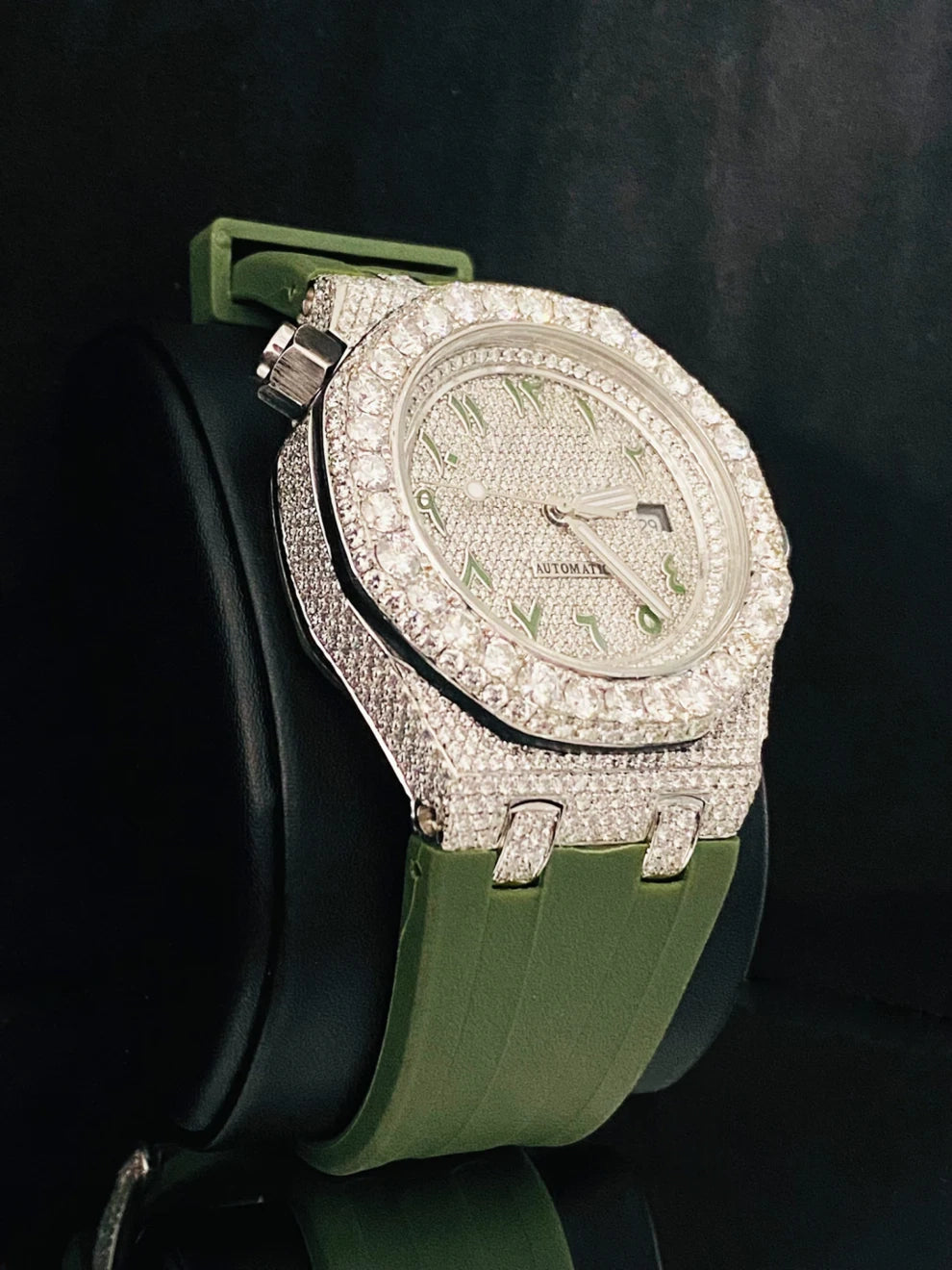 Iced Out VVS Moissanite Watch With Green Silicon Straps
