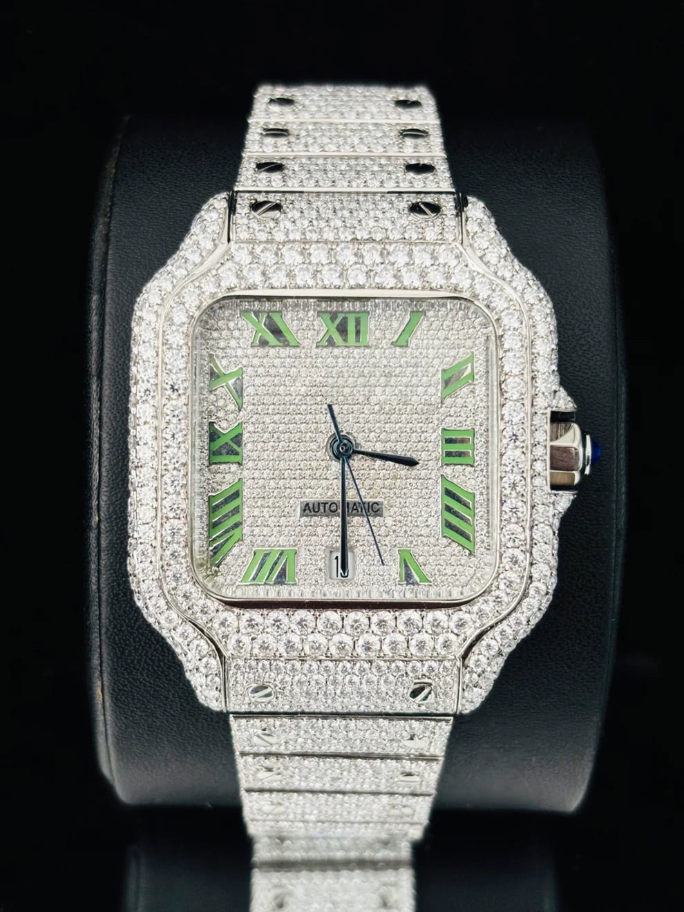 Fully Bust Down Roman Dial Stainless Steel Moissanite Watch