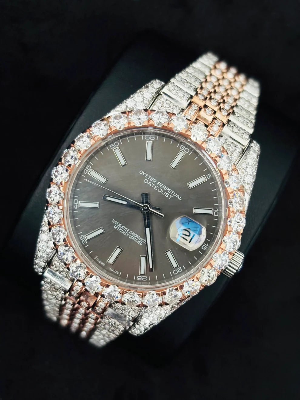 Two Tone Moissanite White Bar Stainless Steel Watch
