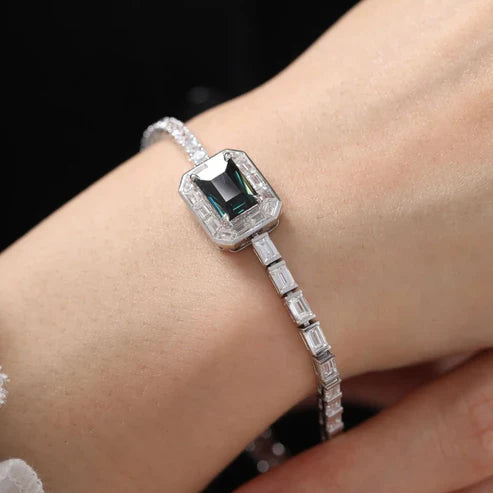 7.75 TWC Emerald Cut Green Stone Lab Grown Diamond Halo Bracelet in White Gold Baguette Diamond Tennis Bracelet