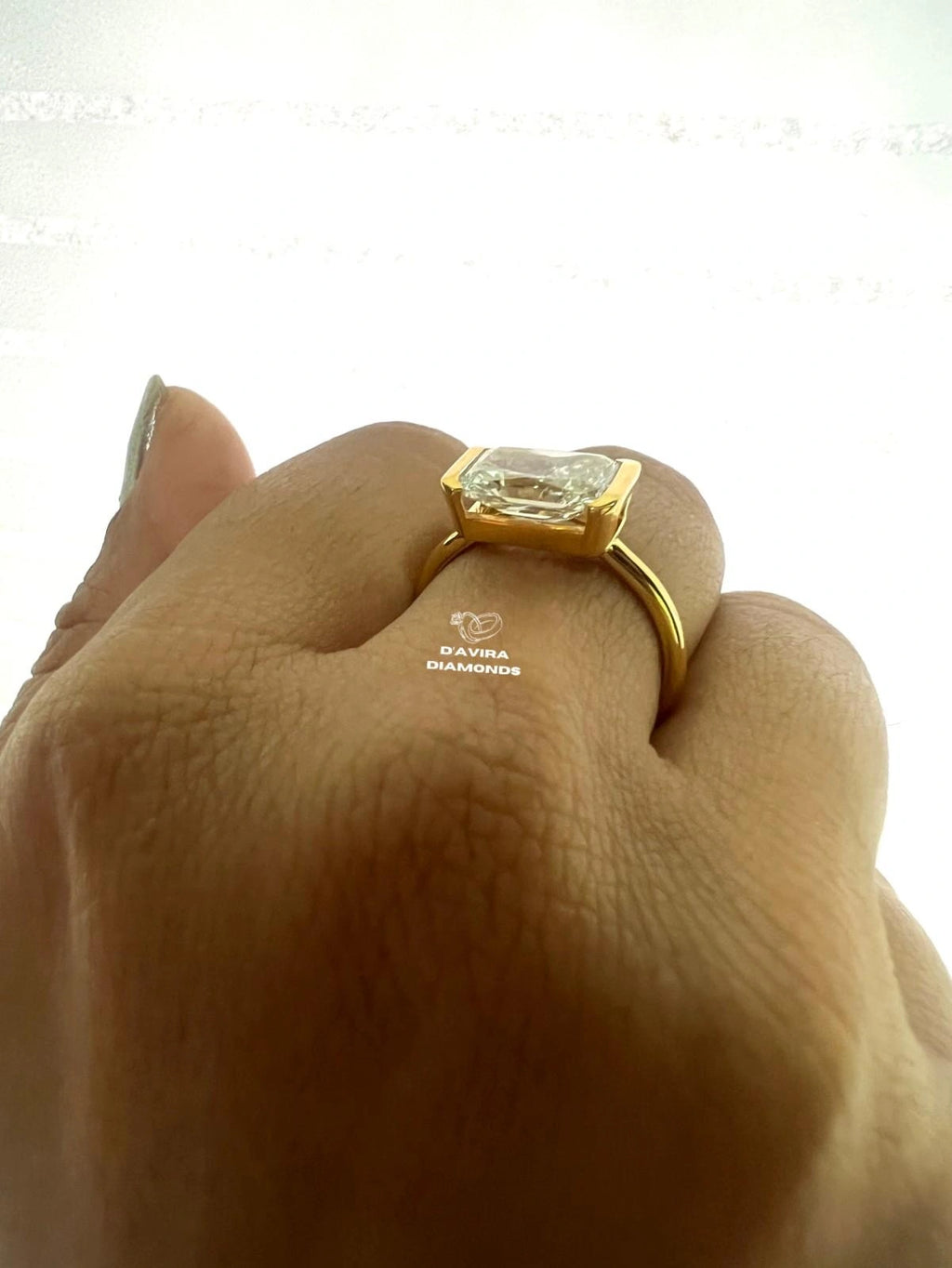 East West Radiant Cut Half Bezel Set Diamond Ring