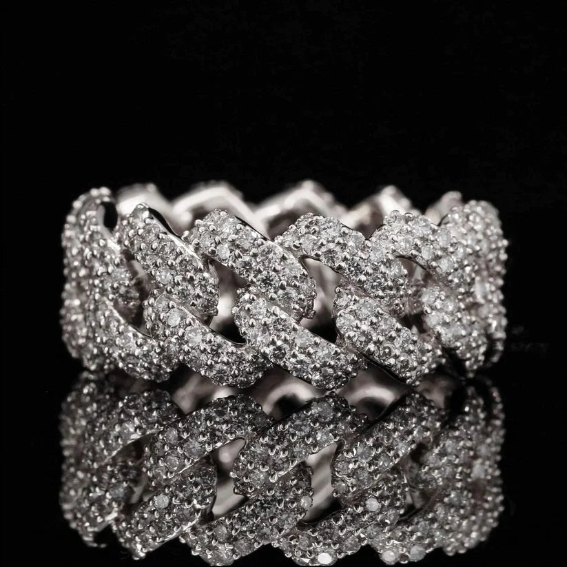 front view of the Diamond Cuban link ring in white gold with pave setting