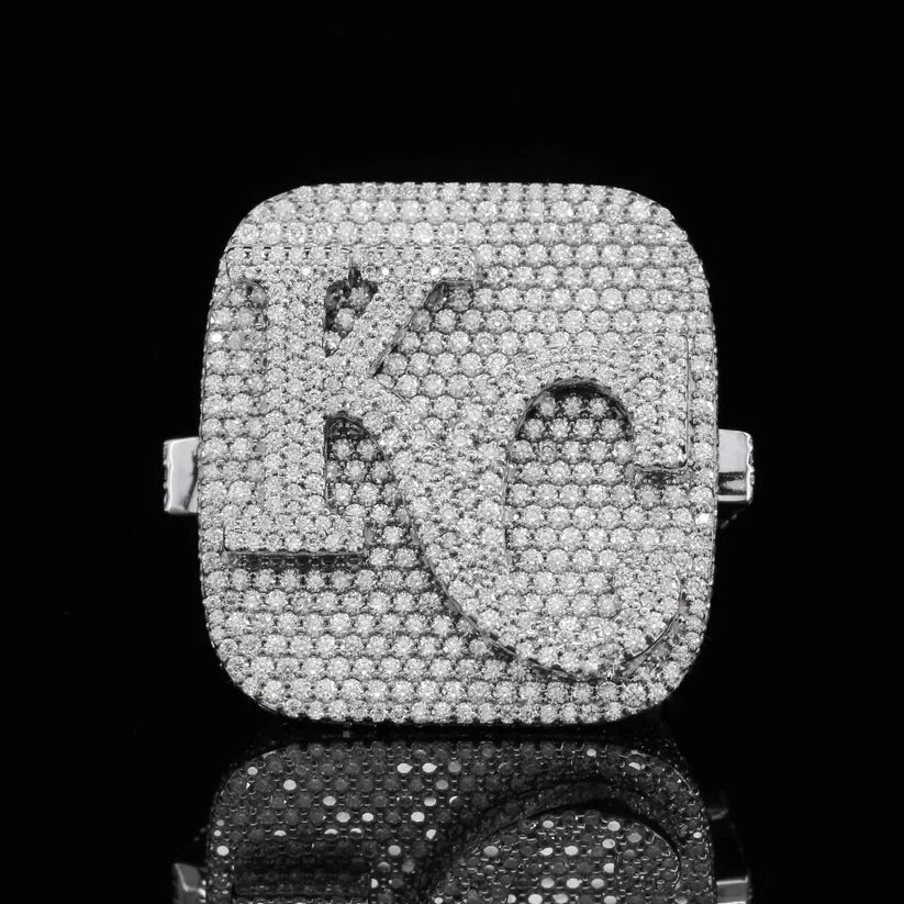front view of the Large square pave diamond pinky ring featuring interlocking KC initials
