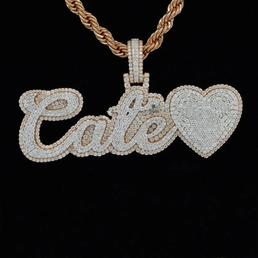front view Custom diamond name necklace with a cursive Cale pendant and iced out heart