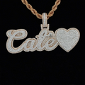 front view Custom diamond name necklace with a cursive Cale pendant and iced out heart