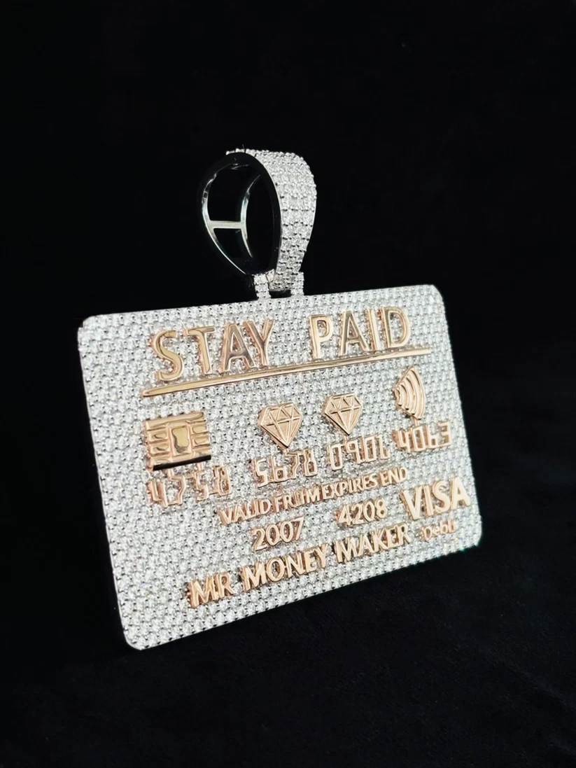 Custom hip hop jewelry stay paid credit card pendant encrusted with VVS simulated diamonds.