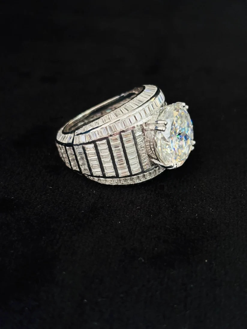 A Side view silver statement ring featuring a large center stone surrounded by a channel-set band 