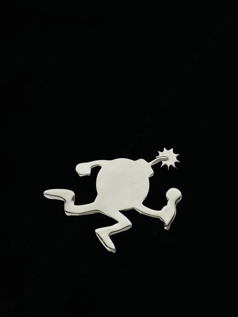 Minimalist silver cartoon bomb character pendant with running legs