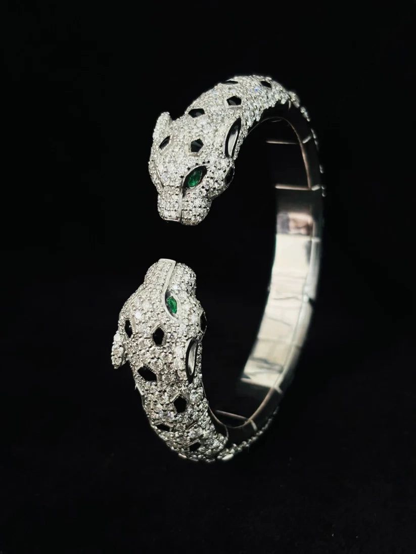 925 Silver Moissanite Iced Double Head Panther Bracelet For Men