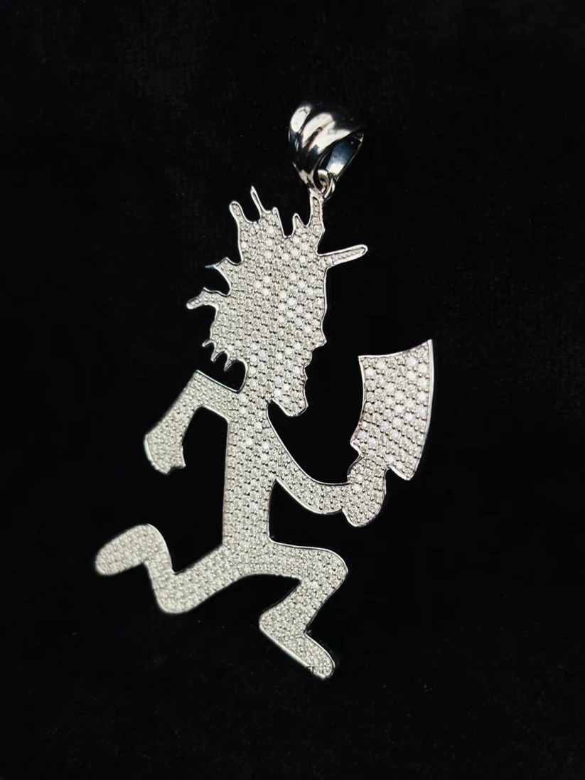 Silver iced out Hatchetman pendant necklace charm encrusted with white stones