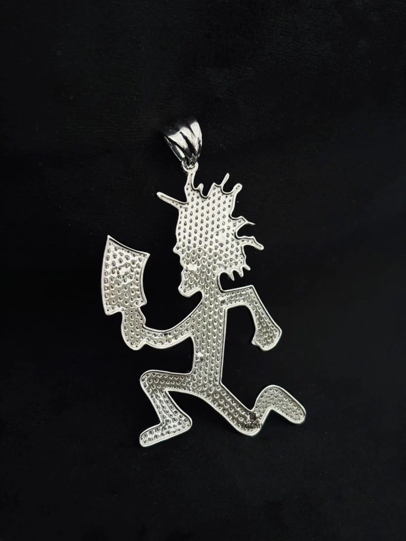 back view Silver iced out ICP Hatchetman pendant necklace iced with clear crystals