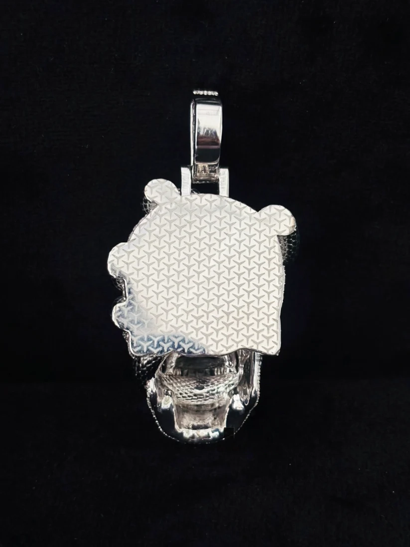 back view Sterling silver diamond iced-out pendant reverse side with textured pattern