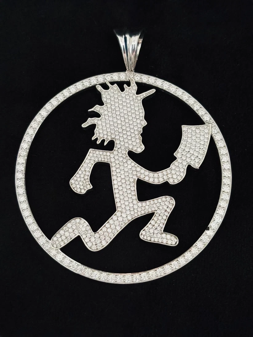 Moissanite iced out ICP Hatchetman circle pendant in sterling silver