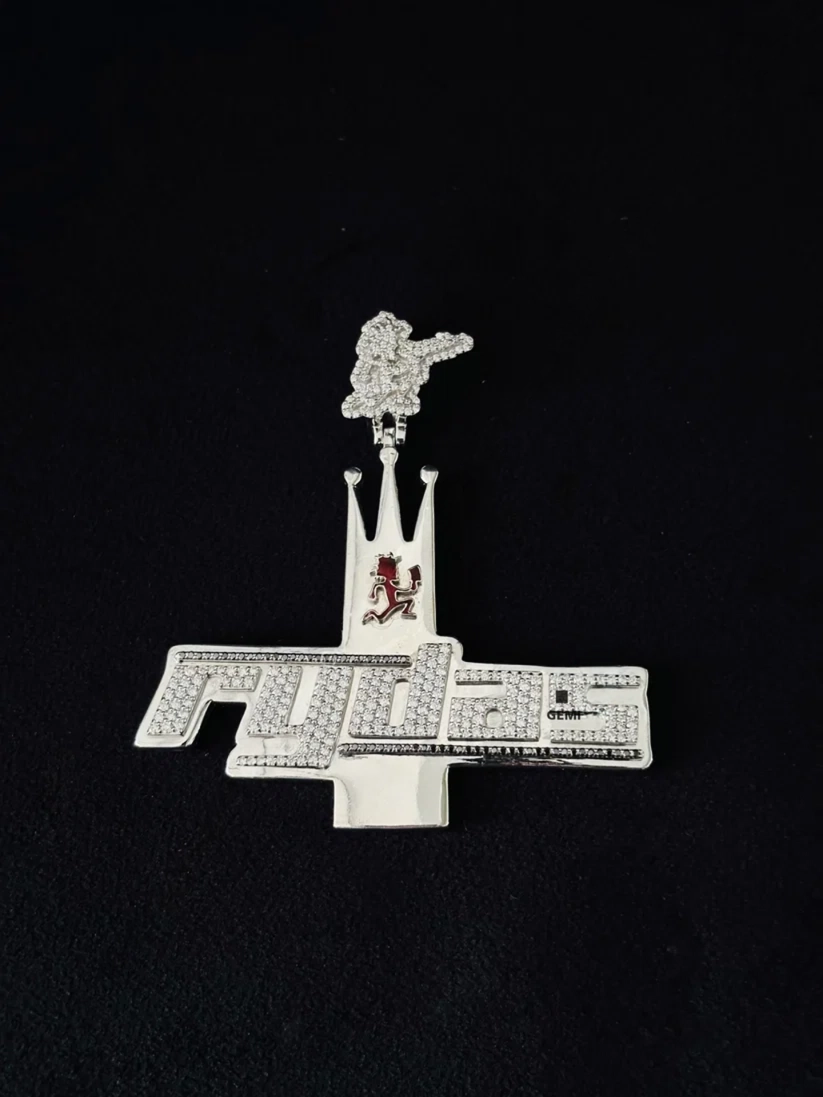 front view Iced-out hip hop jewelry custom moissanite RYDAS pendant.