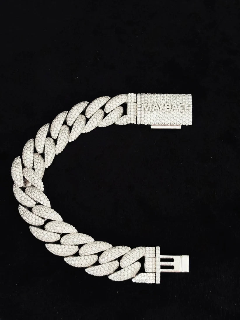 Front view of the Diamond iced out Cuban link chain bracelet with a custom pave Maybach clasp