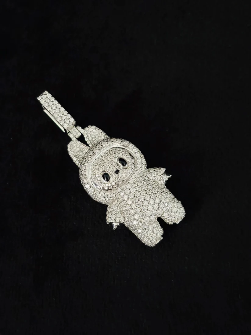 Iced out Labubu character pendant necklace in silver studded with moissanite diamonds
